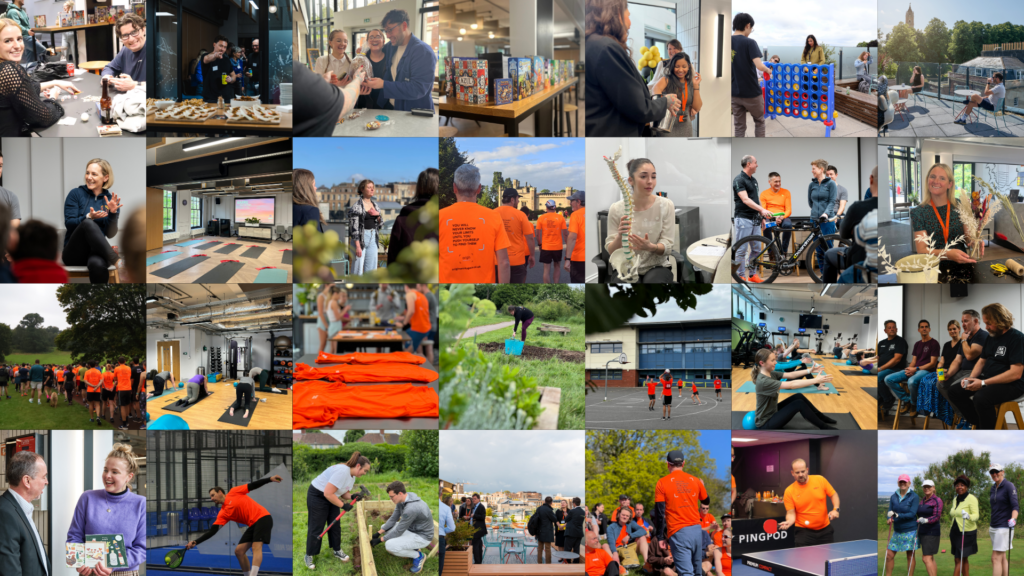 A collage of images featuring wellness activities at Origin Workspace, such as yoga, golf, running, volunteering and social events.